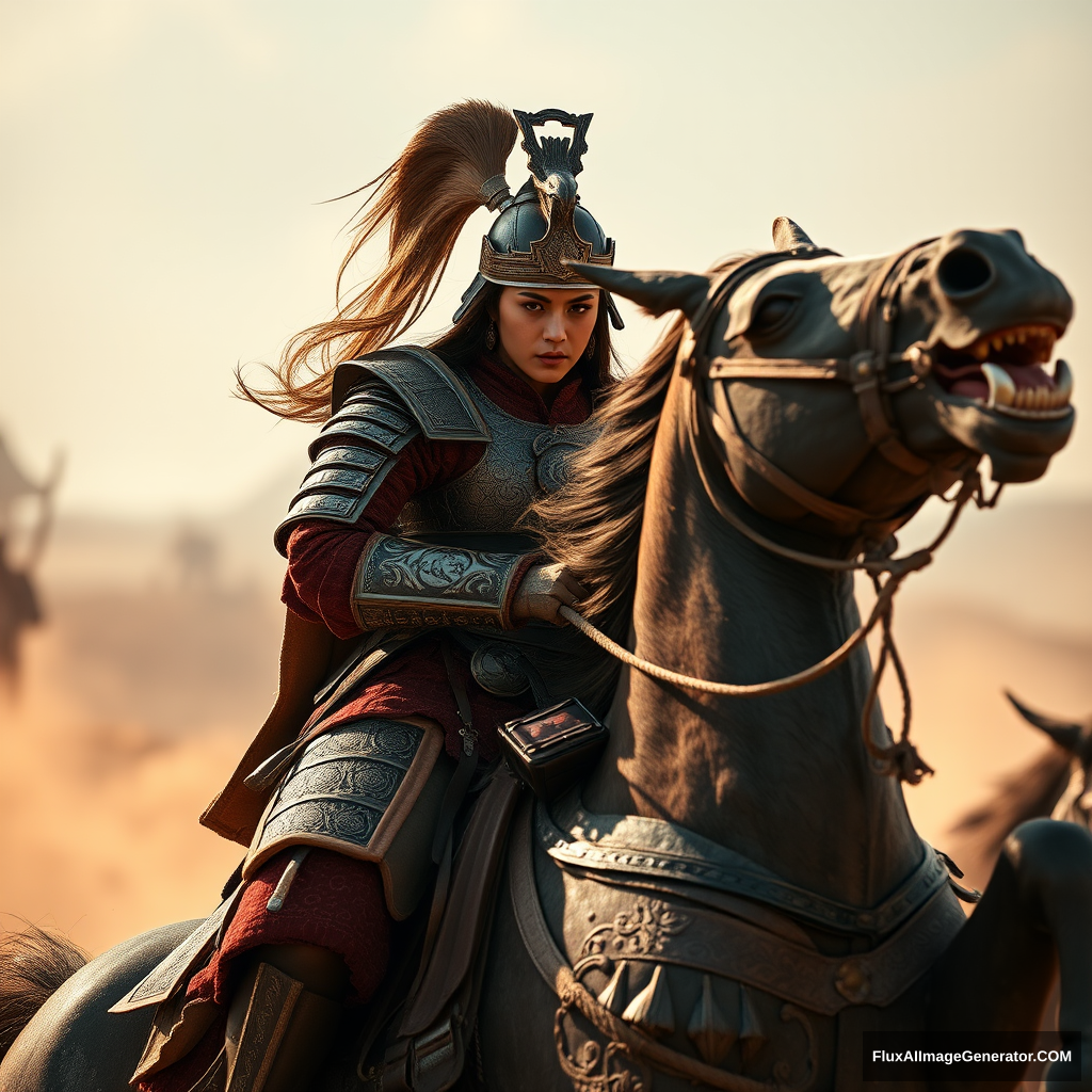 Prompt 2: Realistic Photography
Realistic photography of a female warrior from the Han Dynasty in ancient China, clad in ornate armor with a stern expression, riding a majestic horse on a battlefield, the horse rearing up, dust swirling around them, 4K ultra-high definition, warm and earthy tones reflecting the historical setting, dramatic lighting with strong shadows, dynamic composition capturing the power and determination in her stance, Canon EOS R5, 85mm, f1.8, shallow depth of field. - Image