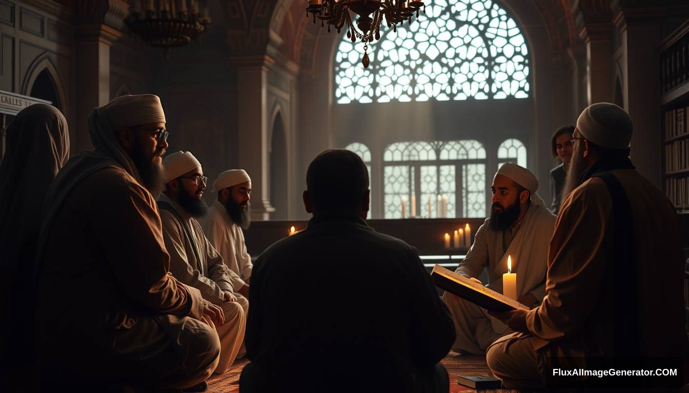 A reflective scene showing a group of Muslims contemplating and discussing the story of Tamim ad-Dari and Dajjal, set in a peaceful, scholarly environment. Ultra HD, realistic, contemplative, with warm and cinematic lighting.