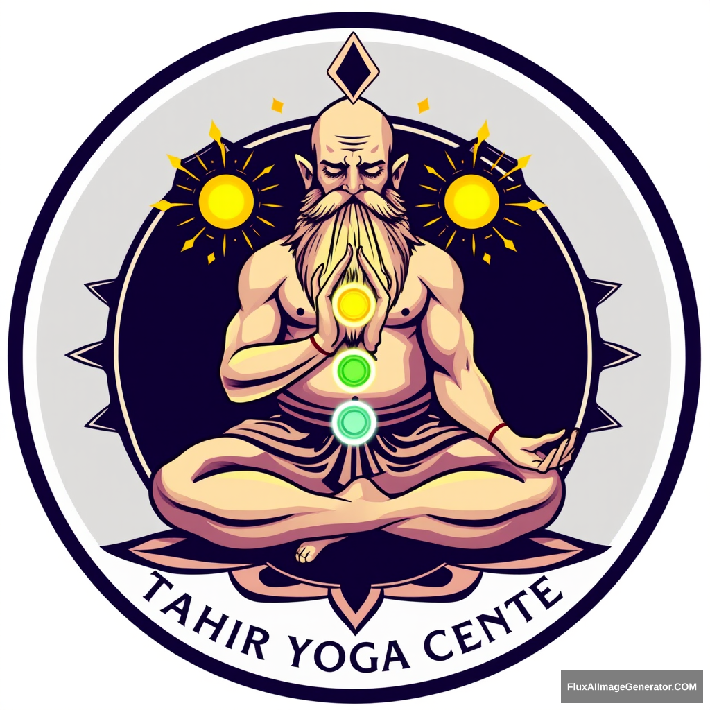 Tahir Yoga Center logo: a muscular, large bald dwarf with a beard in the lotus position exchanges energies from the muladhara chakras to the muladhara chakras with a woman. - Image