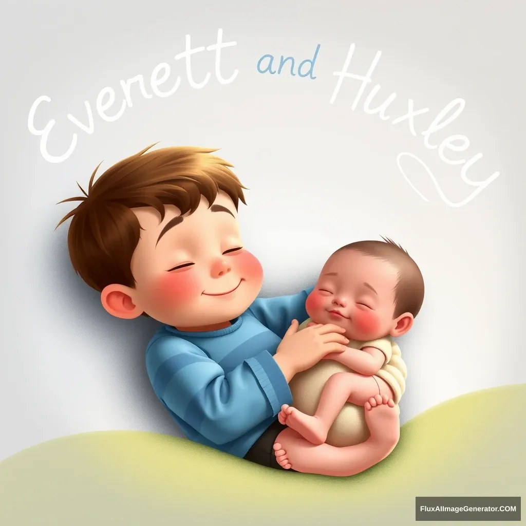 A 2 and a half year old boy cuddling his newborn baby brother. 
Above them float their names "Everett and Huxley".
Pixar style. - Image