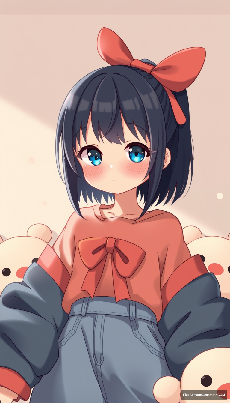 Kawaii anime girl cel shading and oversized clothes. Plushies. Semi-realistic.