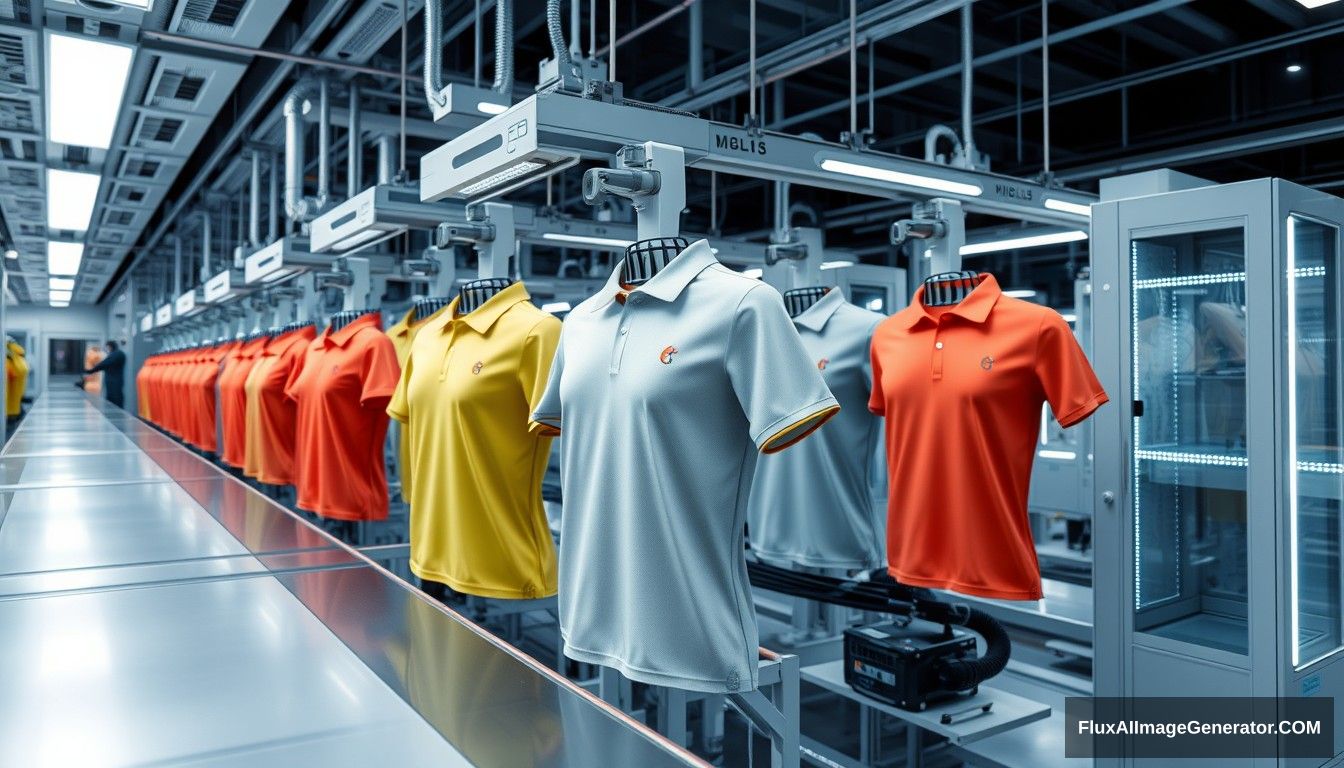 Futuristic automated textile production line or 3D printing of garments of polo shirts