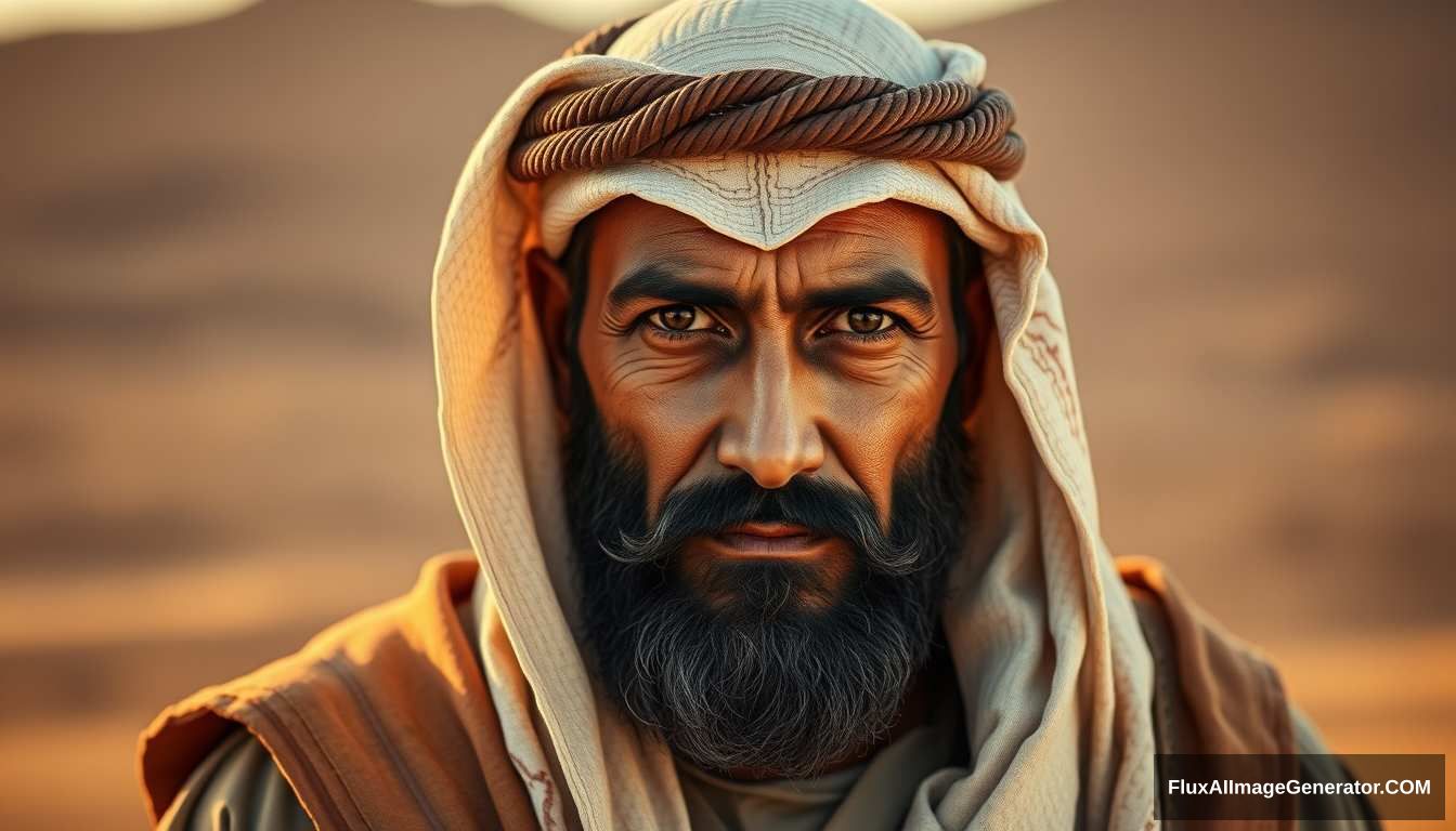 "Portrait of Tamim ad-Dari, an Arab man from the Lakhm tribe, dressed in traditional desert robes of the early 7th century, with a serene and wise expression, set against a backdrop of a Middle Eastern desert landscape. Ultra HD, realistic, cinematic lighting."