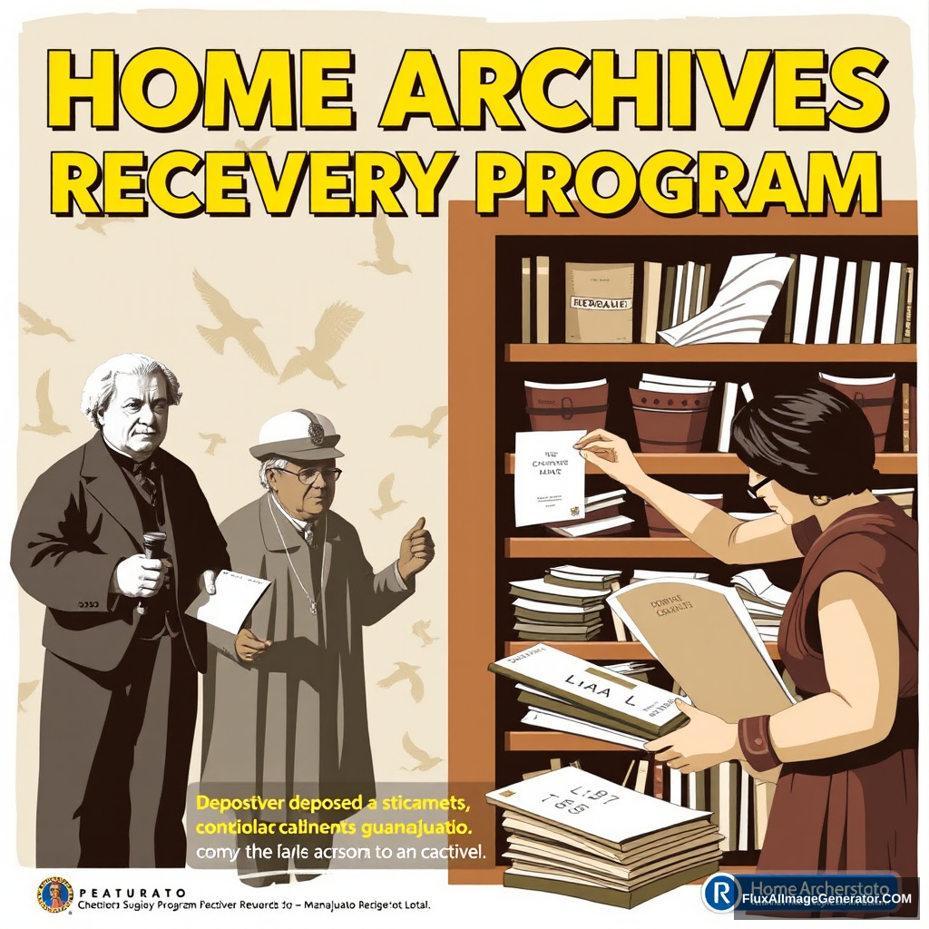 Make a promotional poster for a program called: Home Archives Recovery Program. The poster should show historical figures from Guanajuato and other citizens depositing documents in an archive cabinet.