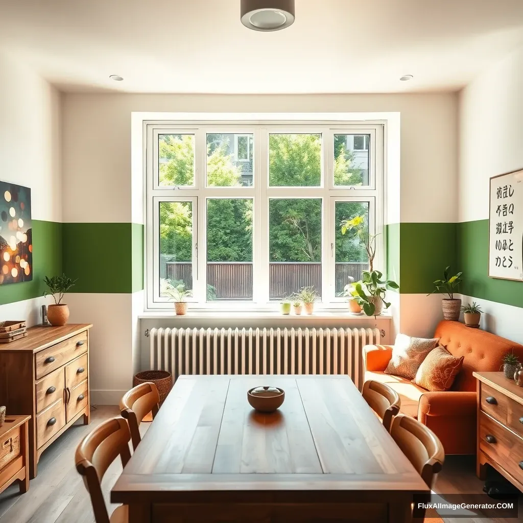 A cozy room, with one large window in the middle. It is sunny, but the light is not blinding. The room has a wooden eating table towards the window. The paint on the wall is both eggshell white and green with a horizontal line dividing them, the green at the bottom. There is a sofa with a small sofa table, and some plants and light bulbs to make it cozy. The window is very big, 1.5x1.5 meters. The wood on the tables is the same, and the color of the sofa is a shade of orange. There is a dresser in the room too, up against the wall. There are art supplies in it, like for painting with watercolor. On the wall is a cool poster that has something to do with Korea, which should have something written in Hangul. There are not many tables. There is a radiator under the full length of the window. There is a ceiling light. Show it from a frog eye view. - Image