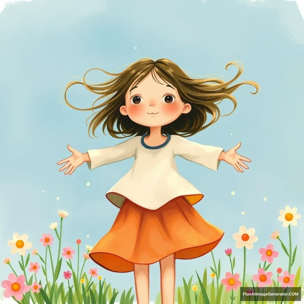 Children's book illustration, a little girl with her arms open, standing in the wind, the wind blowing her long hair, with flowers blooming around --sref 7000 --ar 16:9 --v 6.1