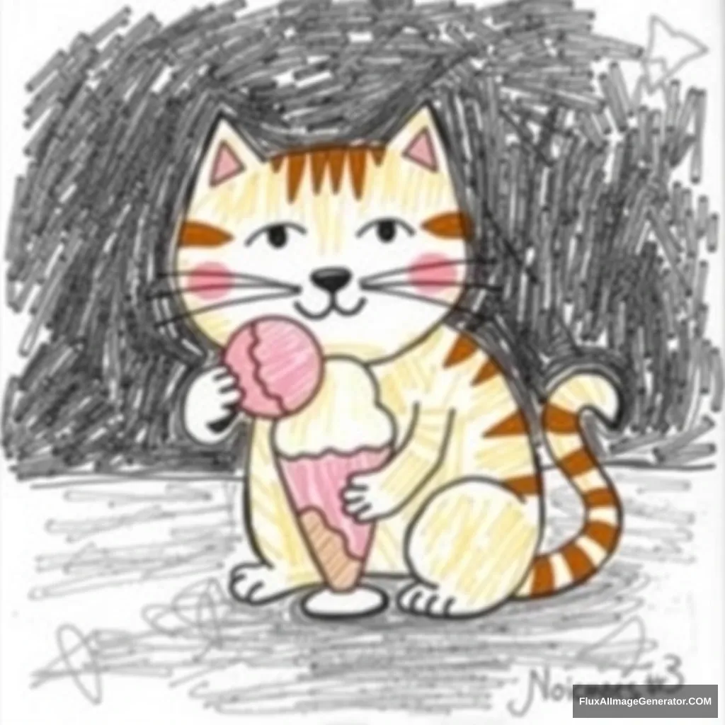 Cat eating ice cream, a crappy drawing by a 3-year-old, no logo. - Image