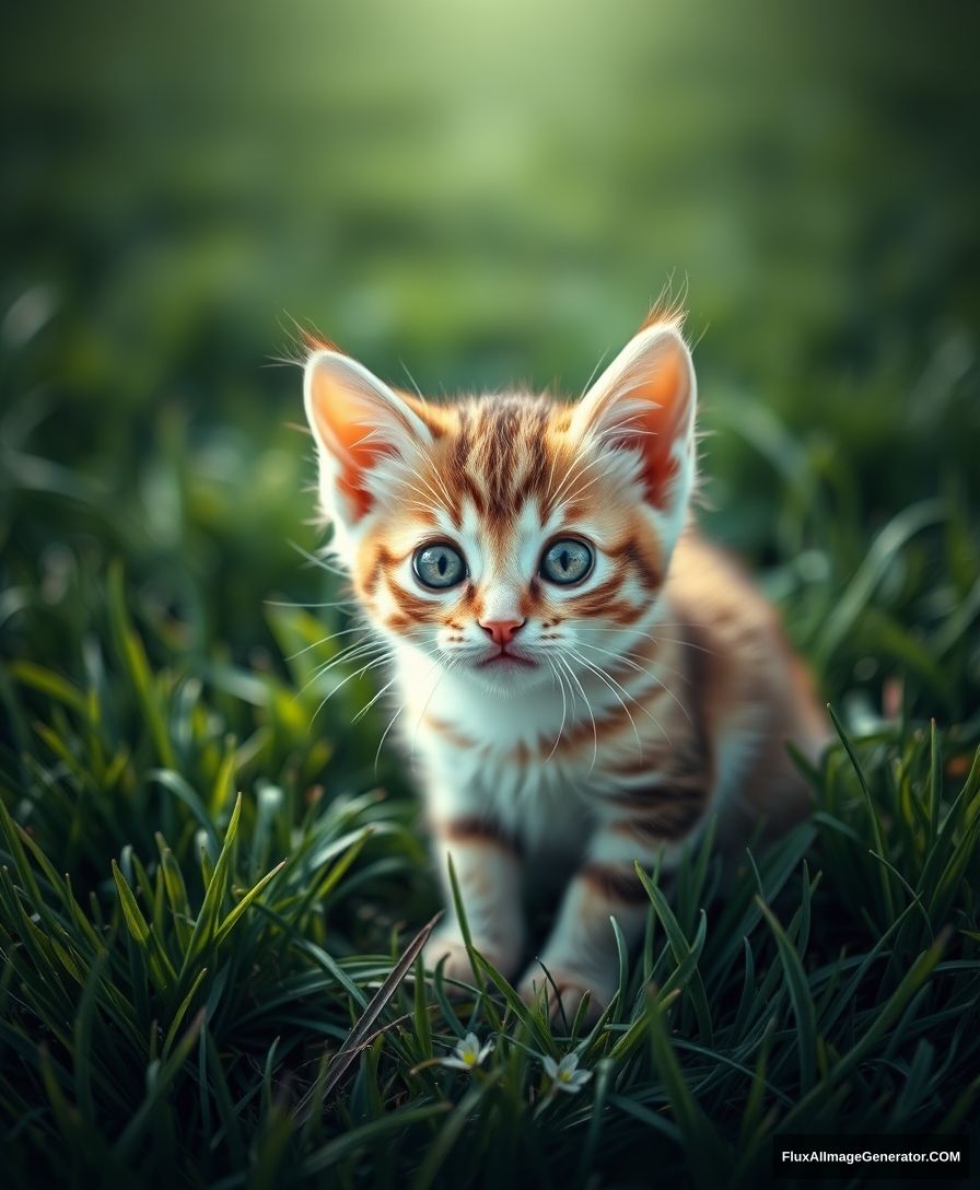 Portrait of a lovely kitten, on the grass, looking towards the camera curiously, panoramic view, light tracing, global lighting effects, 2k.