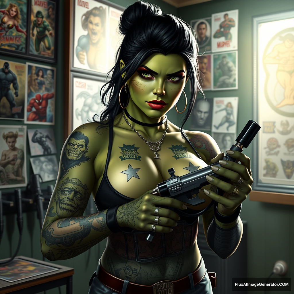 She-Hulk in tattoo artist attire, inked with detailed Marvel hero motifs, grips a tattoo machine, standing before a backdrop of an authentic tattoo studio walls adorned with vibrant artwork, flash sheets, and tattoo machine racks, soft ambient light casting a subtle glow over the scene, digital painting, ultra realistic, dramatic lighting.