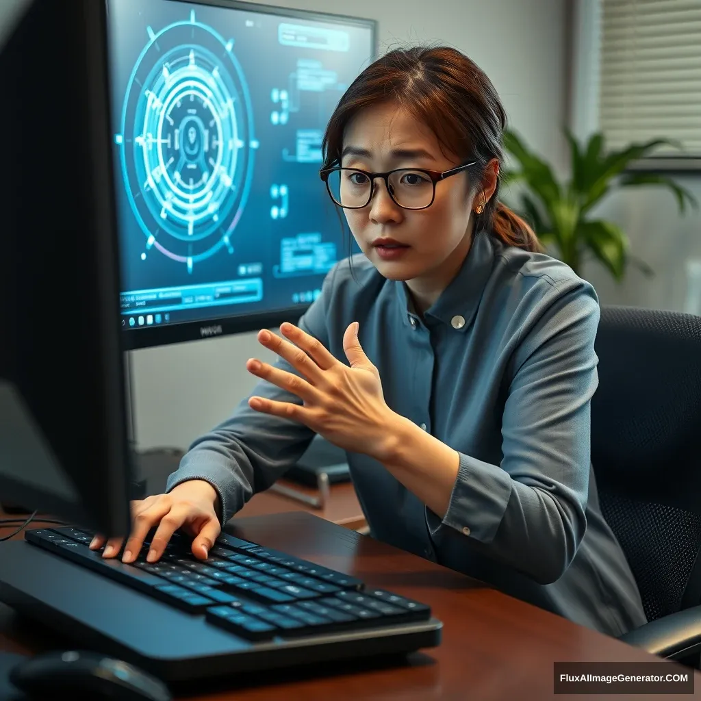 A middle-aged Korean woman hitting her keyboard in frustration while looking at the monitor. The screen displays generative AI. - Image