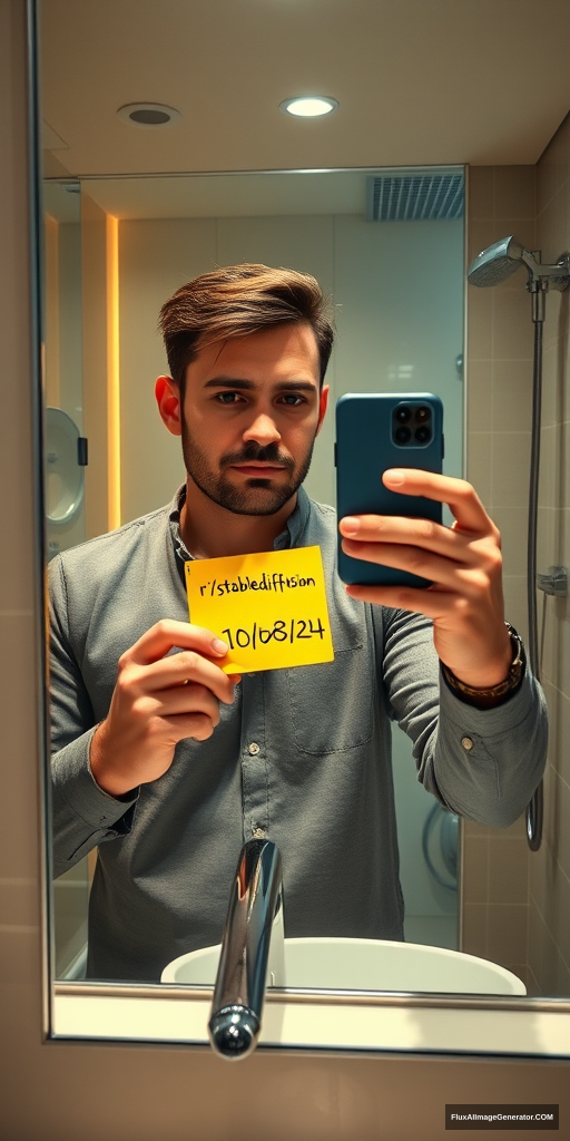 Man in a sleek modern bathroom, capturing a mirror selfie with the latest iPhone. He holds a yellow Post-it note reading "r/stablediffusion 10/08/24". Hyper-realistic style: razor-sharp details, lifelike textures. Warm LED lighting casts soft shadows. Gleaming chrome fixtures. An atmosphere of anticipation and self-awareness. Contemporary digital culture reflected. - Image