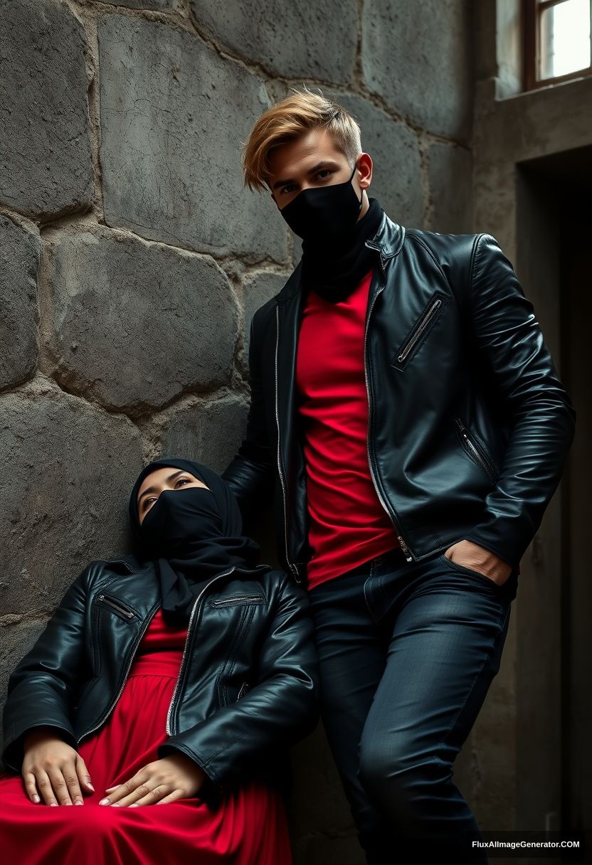 A big black hijab girl with beautiful eyes, a black face mask, wearing a black leather jacket, and the longest red dress, is lying next to him.

Jamie Dornan, handsome, wearing a black face mask, with a fit and tough body, in a red Nike t-shirt, black leather jacket, and jeans, is a tall man leaning against the wall.

Hyper-realistic, photorealistic, studio photography, in Victoria's abandoned castle, gloomy.