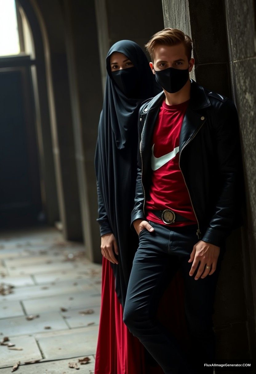 A tall girl in a big black hijab, with beautiful eyes and a black face mask, wearing a long, flowing red dress, and not very tall.

Jamie Dornan, handsome, wearing a black face mask, with a fit and tough body, dressed in a red Nike t-shirt, black leather jacket, and jeans; he is a tall man.

They are standing together, leaning against a wall.
Hyper-realistic, photorealistic, studio photography, at Victoria's abandoned castle, in a gloomy darkness. - Image