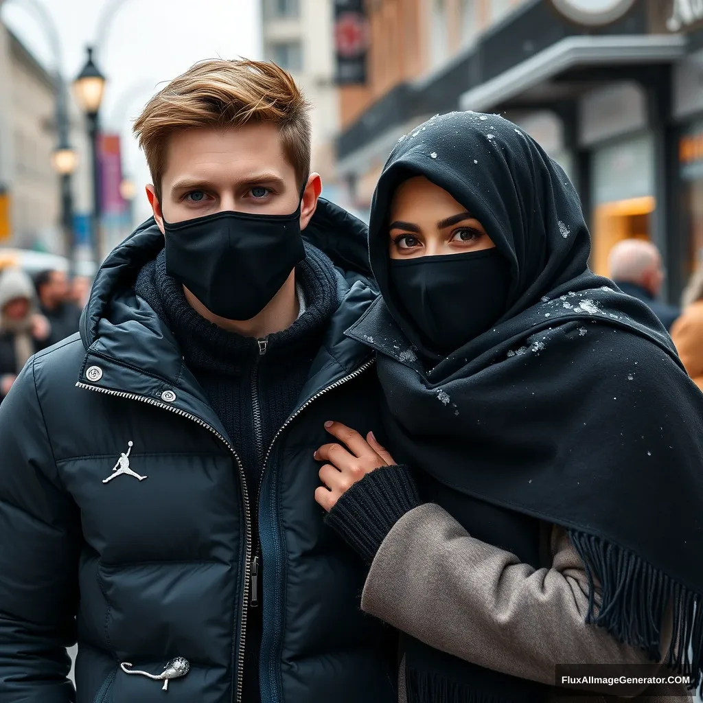 Jamie Dornan's handsome young face, black face mask, snow jacket, jeans, dating and in love with the tallest girl in a black hijab, with beautiful eyes, wearing a black face mask and snow jacket, walking together in a winter scenery in town, hyper-realistic, street photography.