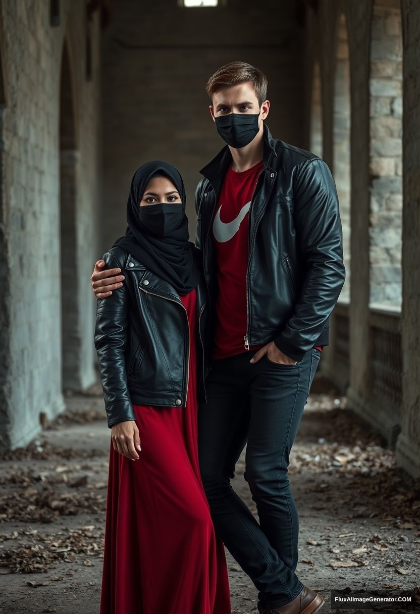 A biggest black hijab girl, beautiful eyes, face mask black, black leather jacket, biggest red longest dress, not tall, 

Jamie Dornan, handsome, face mask black, fit and tough body, Nike red t-shirt, black leather jacket, jeans, tall man, leaning against the wall together 

Hyper-realistic, photorealistic, studio photography, Victoria's abandoned castle, gloomy, darkness.