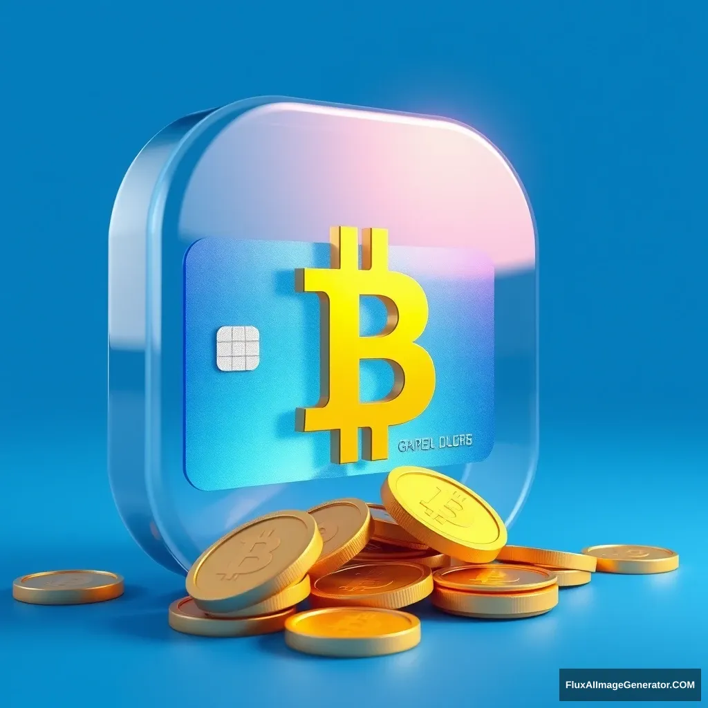 B-end icon, 3D financial icon, style of Microsoft design, industrial design, sense of technology, glossy material and reflection, blue gradient transparent card, frosted glass, gold coins floating, pure background, bright blue background, style of minimalism, 3D modeling, C4D, blender, OC rendering, studio lighting, natural sunlight. 3D financial icon Negative prompt: - Image