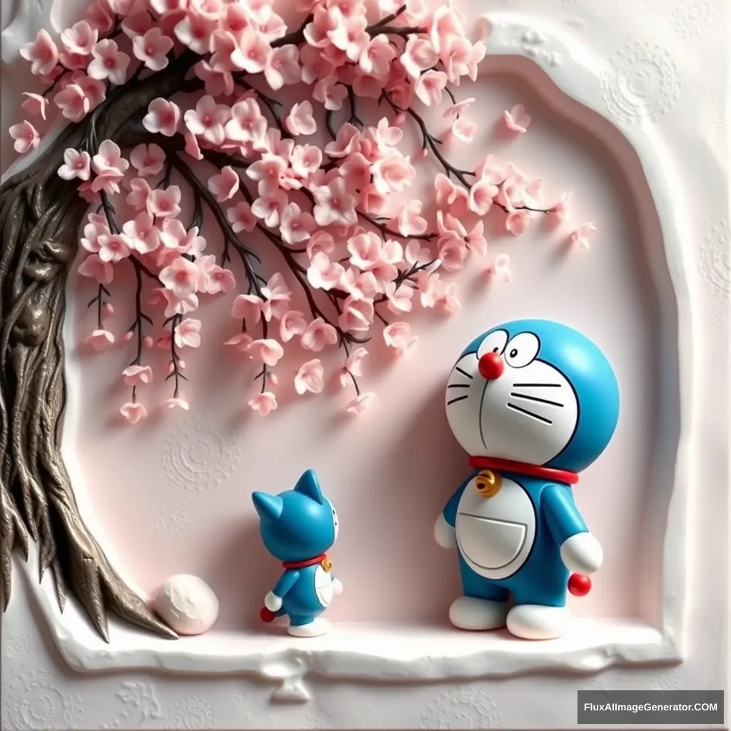 Doraemon, the beloved blue robot cat, stands patiently under the delicate, pink-petaled cherry blossom tree, awaiting the arrival of his young friend. The scene is captured in a bas-relief style, with the figures and flora subtly raised from the background, creating a sense of depth and dimension. Doraemon's round form and gentle expression convey a sense of quiet anticipation, while the cascading blossoms lend an air of tranquility and beauty to the serene tableau. - Image