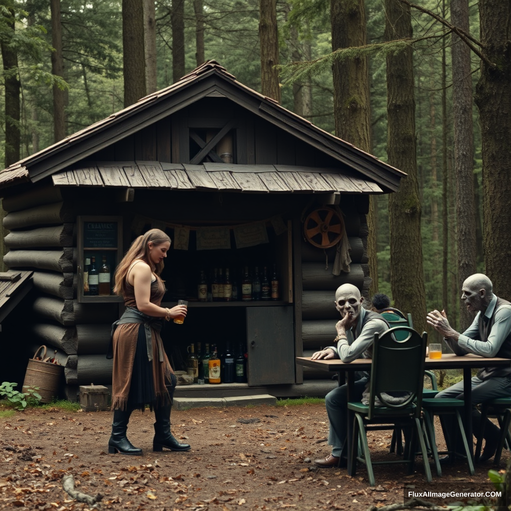 Real-life photography, long shot: In the forest, there is a wooden cabin where a female barbarian is selling alcohol, and a dressed zombie comes to buy some. Next to the cabin, there are tables and chairs, with zombies sitting and drinking.