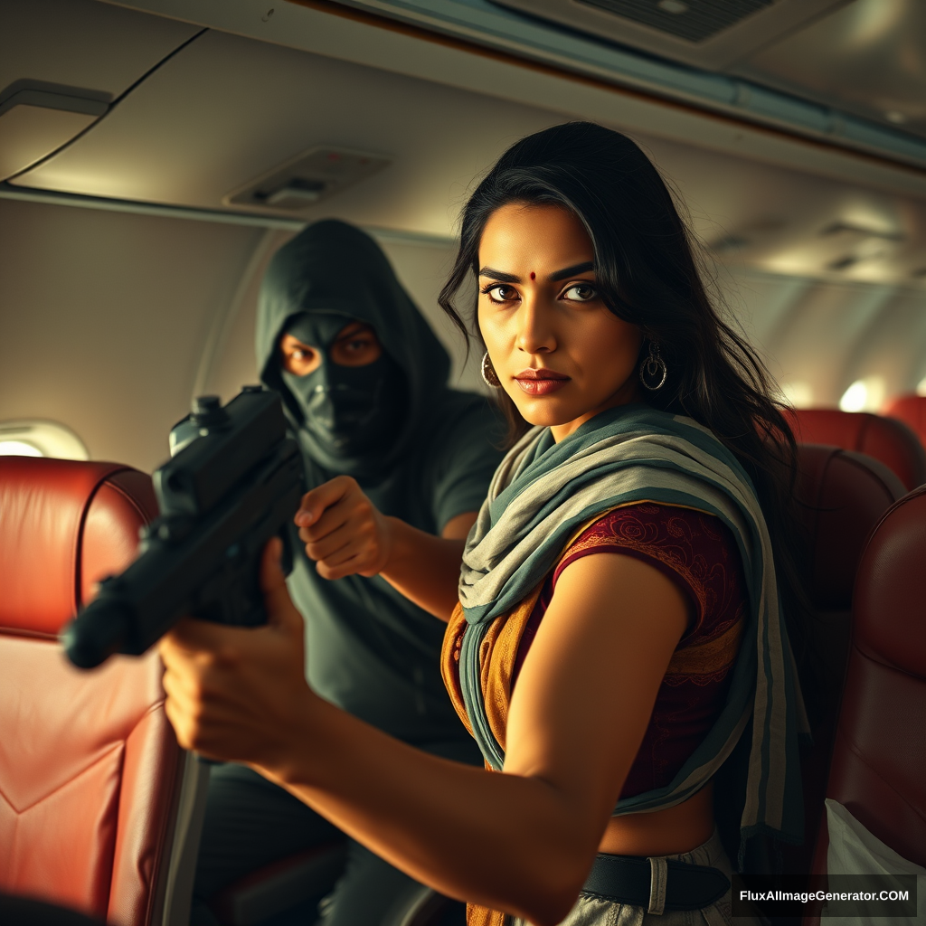 An Indian lady fighting a terrorist on an American airliner. Show the terrorist also in the image. Make her look serious. Name her "Mishal." - Image