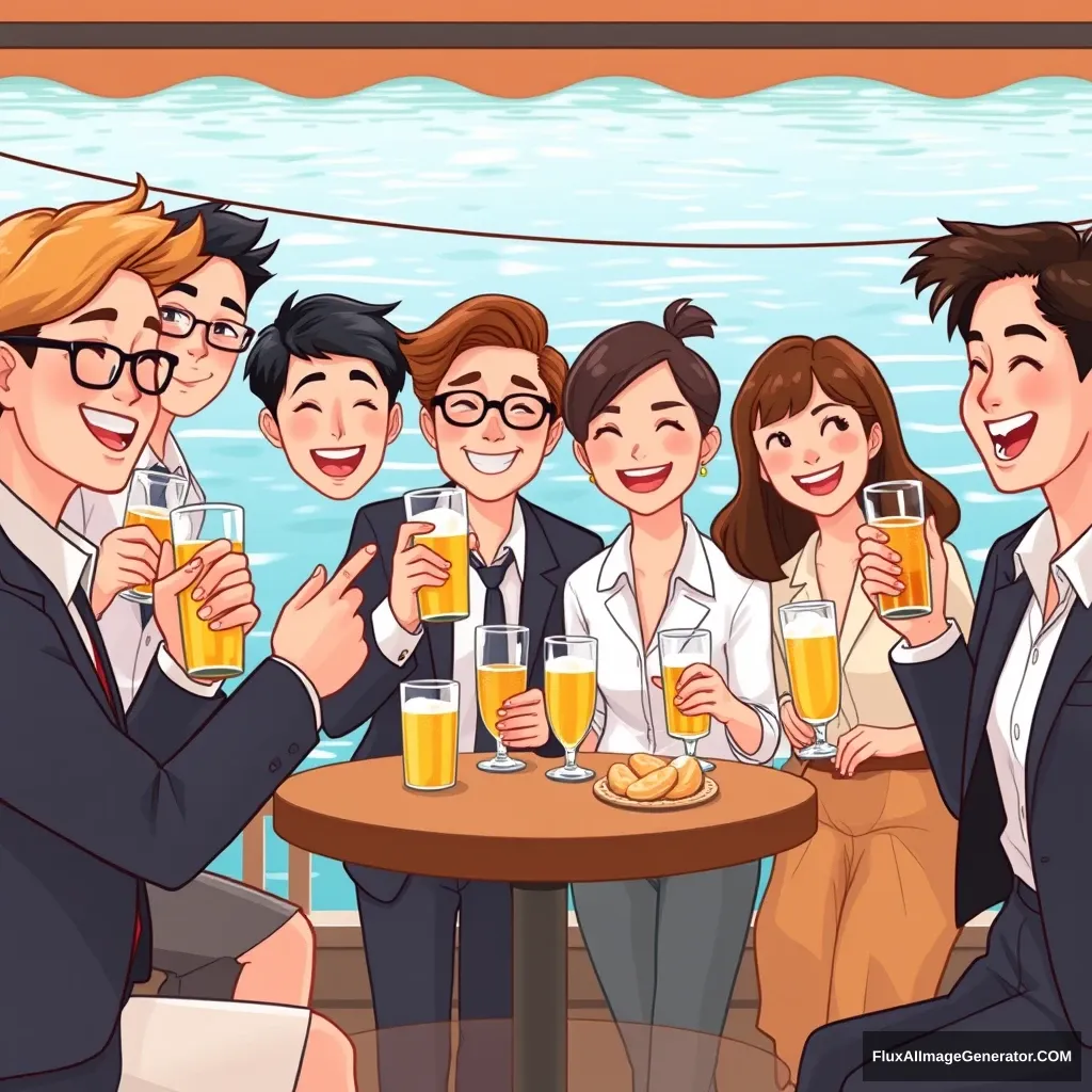 A company of Asian descent is planning a company gathering for 10 male and female employees in their 30s to 50s to enjoy cool beer and chicken on a hot summer day. A cheerful animation image to create a fun atmosphere before the gathering. Background of a river or sea. The attire reflects a corporate vibe. - Image