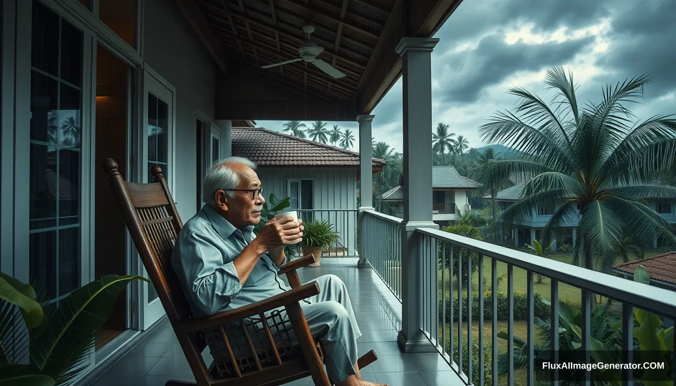 The style of Hirohiko Araki Kubrick, image of a 60-year-old Thai grandfather, handsome and good-looking, sitting on a rocking chair, sipping hot coffee, relaxing on the balcony of a house in Chonburi, enjoying the morning atmosphere with dark blue clouds, cool wind in front of the house, with a garden, banana trees, coconut trees, heavy rain atmosphere, oil painting, sharp 3D, 40k. - Image