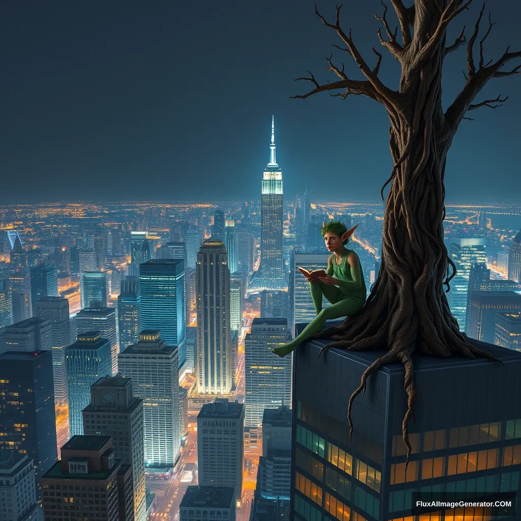 At night, a tree elf sits on a bustling urban skyscraper.