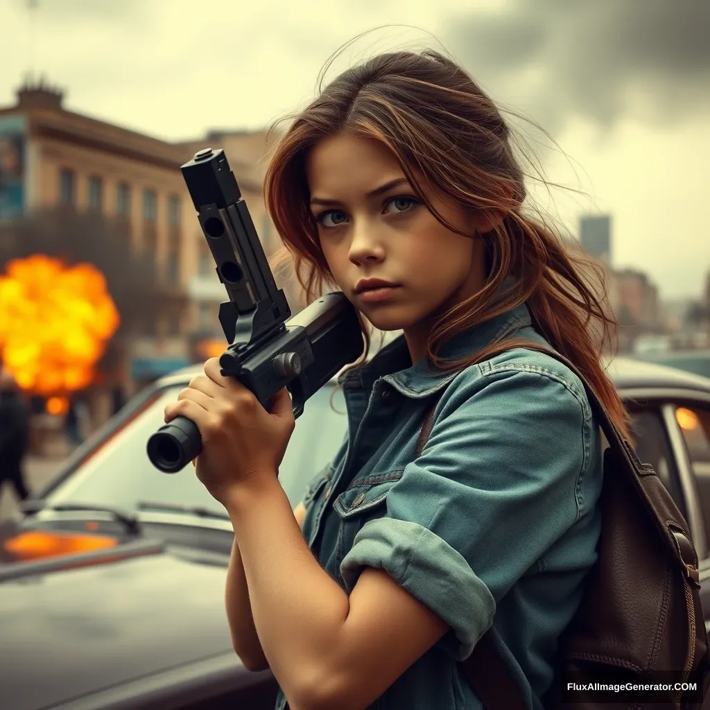 a girl with a gun, city, war, car, true