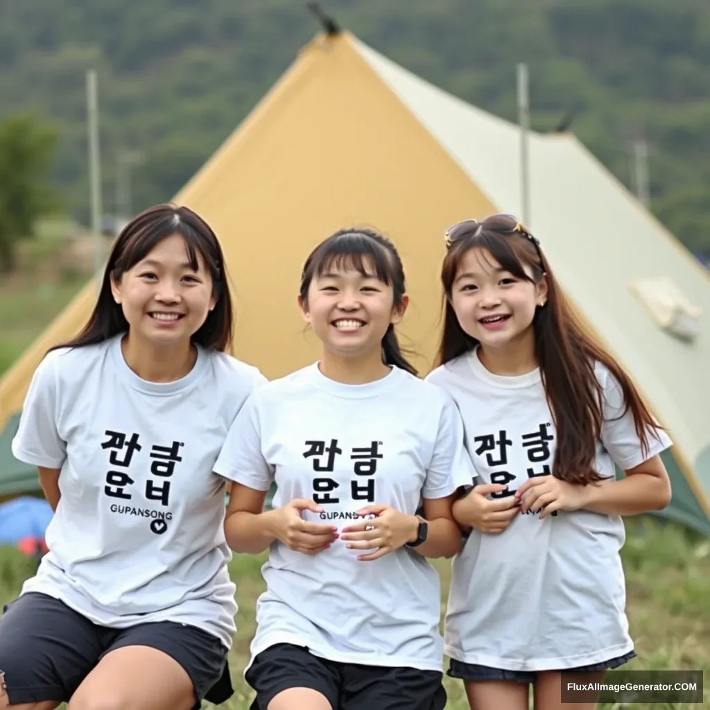 A happy scene of three families camping while wearing white t-shirts with "구판송" (Gupansong) written in Hangul. Gumi has 4 members (1 dad, 1 mom, 2 elementary school girls), Songdo has 3 members (1 dad, 1 mom, 1 elementary school girl), and Pangyo has 4 members (1 dad, 1 mom, 1 elementary school girl, 1 toddler boy). Hangul must be expressed. - Image