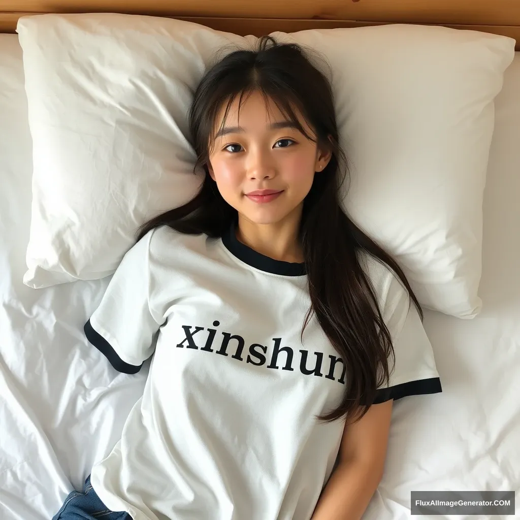 A young woman lying on a bed wearing a shirt with the words "xinshun". - Image