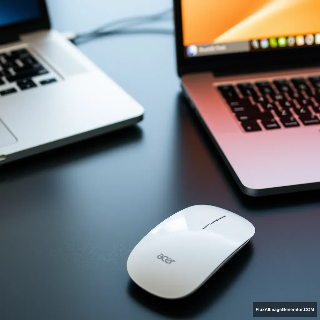 An apple magic mouse beside an acer laptop.