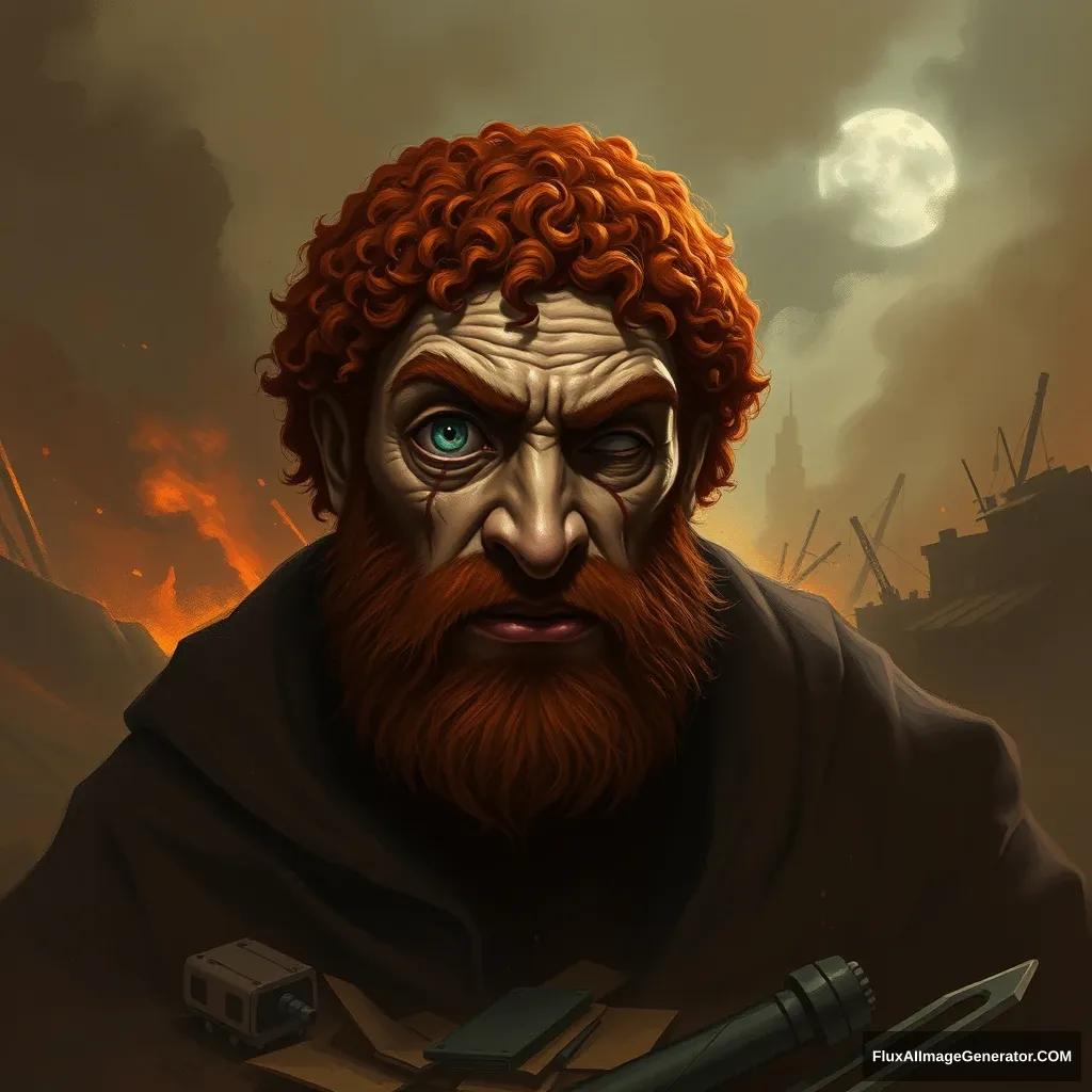 **Prompt AI Image:**  
"Depict a mysterious figure based on Islamic descriptions of the Dajjal (Antichrist). The character should have a robust, intimidating appearance, with a tall and stout body. His complexion is reddish with curly hair. Most notably, he should have one eye that is blind or damaged, while the other eye is large and prominent, giving him an unsettling gaze. Place him in a desolate, eerie environment, perhaps a barren desert or an abandoned urban area, with a sense of chaos or destruction surrounding him. The figure should exude an aura of deception and power, but also fear and despair, with elements that suggest his malevolent nature."