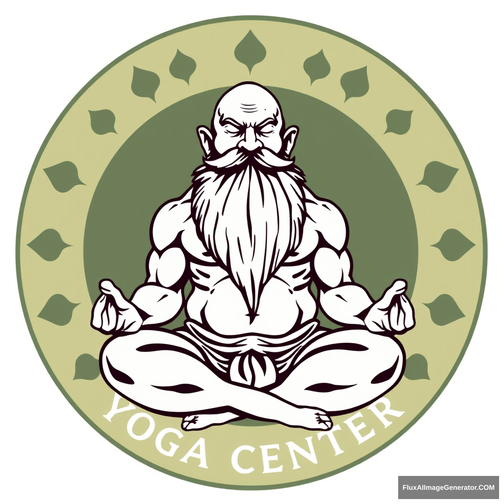 Yoga Center logo: a muscular large bald dwarf with a beard in the lotus position flirting with an altushka. - Image