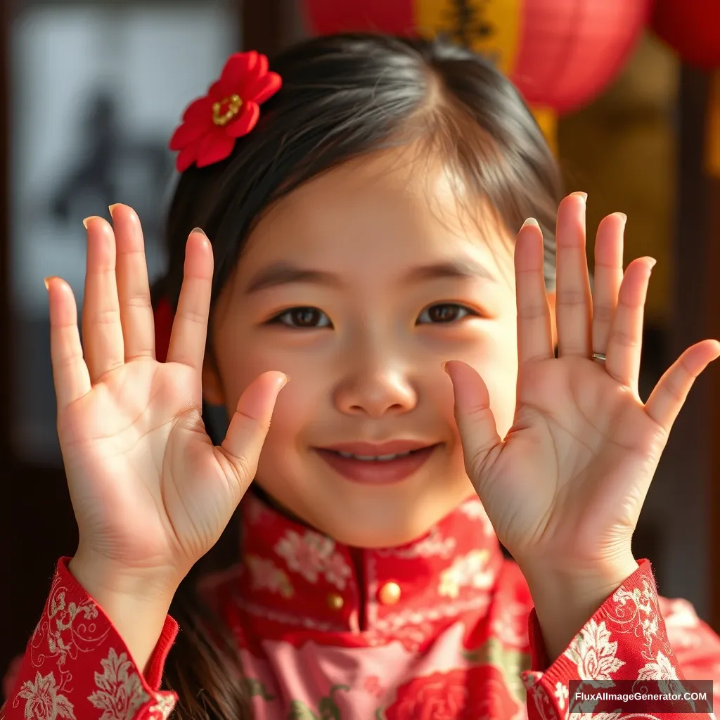 A beautiful Chinese girl holding up her hands, face in the background.