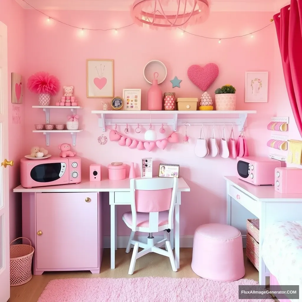 Make a girl’s room warm and cozy, with pink furniture, decorations, and small appliances.