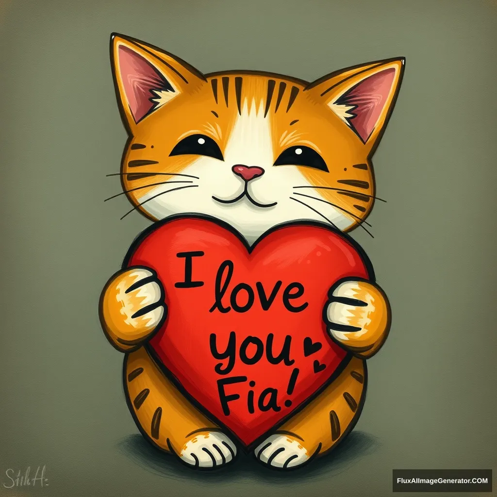 A cat holding a heart on which it is written I love you Fia!