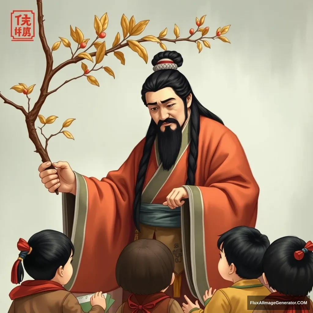 A Chinese figure, donned in traditional Tang Dynasty attire, gently holds a branch, teaching a group of children with care and wisdom. - Image