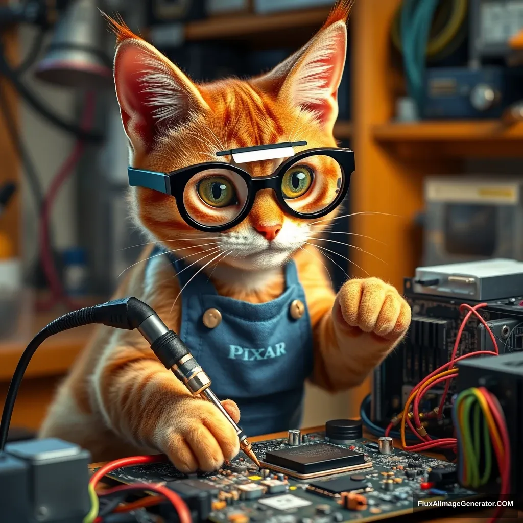 A mischievous ginger tabby cat, wearing oversized safety goggles and a tiny blue Pixar lamp apron, delicately wields a soldering iron. The cat focuses intently on repairing a complex motherboard, surrounded by colorful wires and computer parts in a cozy, warmly-lit workshop.