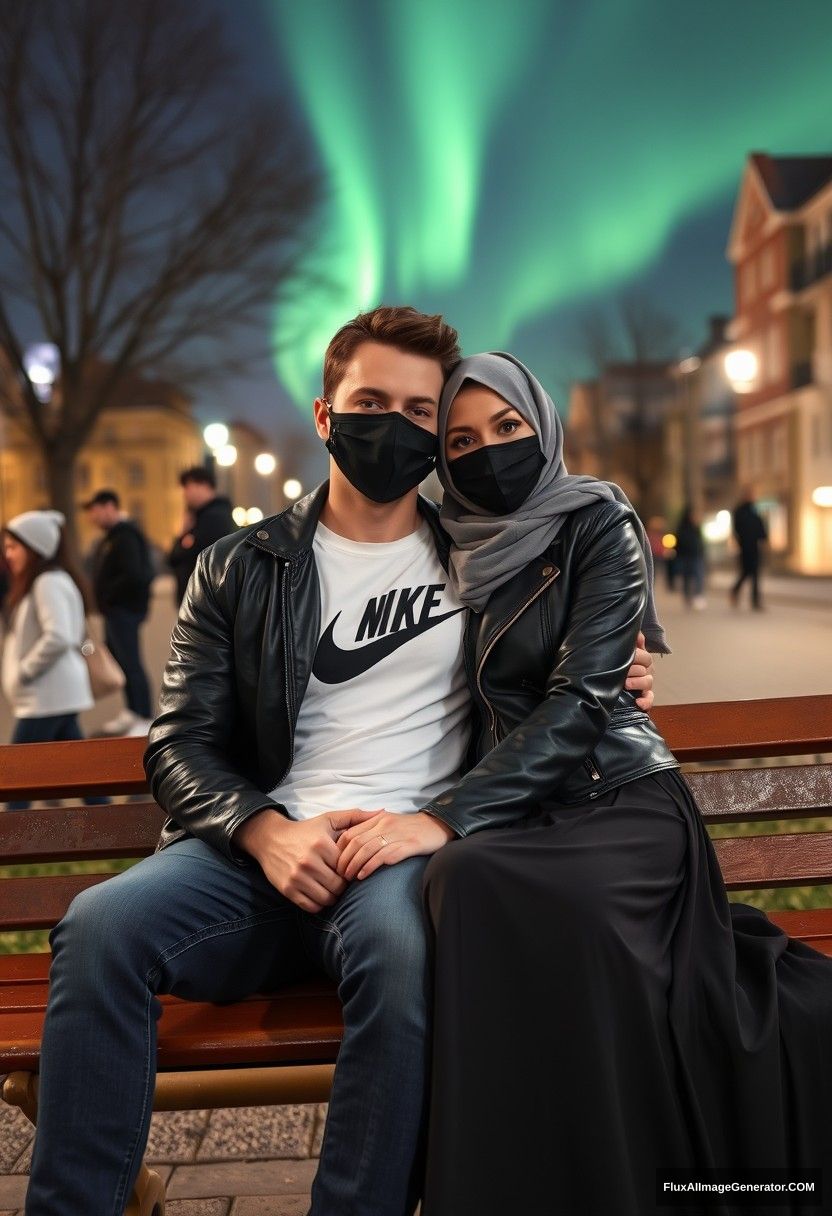 Jamie Dornan, tall, young, wearing a black face mask, a white Nike t-shirt, and jeans, is dating a beautiful Muslim girl with grey hijab and gorgeous eyes. She is wearing a black face mask, a leather jacket, and a very long and large skirt. She is not tall. They are sitting romantically together on a park bench, leaning against each other, in a town with strangers in the background. The scene is photorealistic, featuring selfie photos, in a night setting with the aurora borealis. - Image