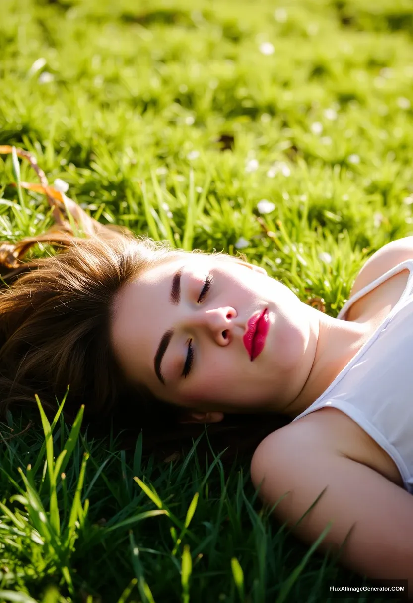 A young woman sleeping, sunbathing on the grass. - Image