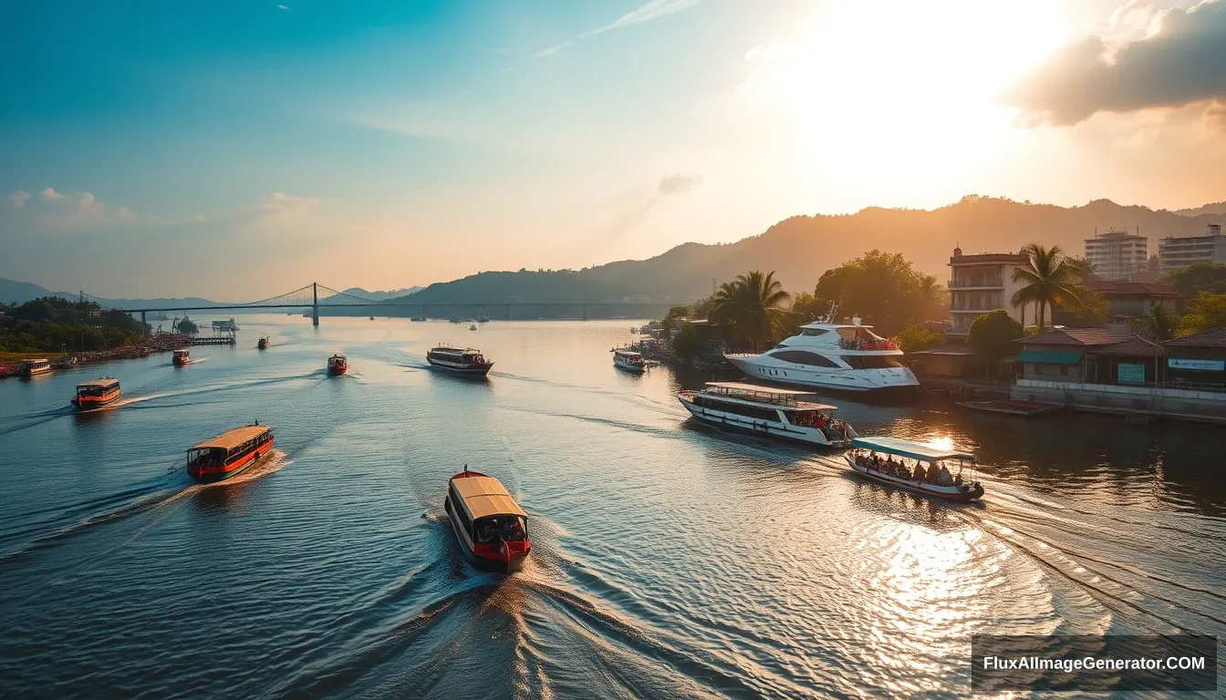 Ultra HD, realistic, cinematic view of Musi River, wide river with clear blue water reflecting the sky, traditional boats and modern ships navigating the water, lush green banks with a mix of traditional stilt houses and modern buildings, Ampera Bridge prominently in the background, vibrant sunlight casting warm hues, people engaging in daily activities along the river, serene yet lively atmosphere.