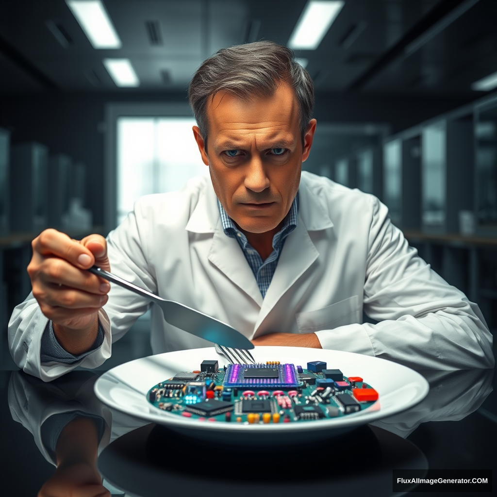 A meticulous engineer dines alone in a sleek, dimly-lit laboratory. Hyper-realistic details reveal his pristine white coat, furrowed brow, and steady hands wielding a silver knife and fork. On his plate, an intricate arrangement of gleaming microchips, resistors, and LEDs replaces traditional food. - Image