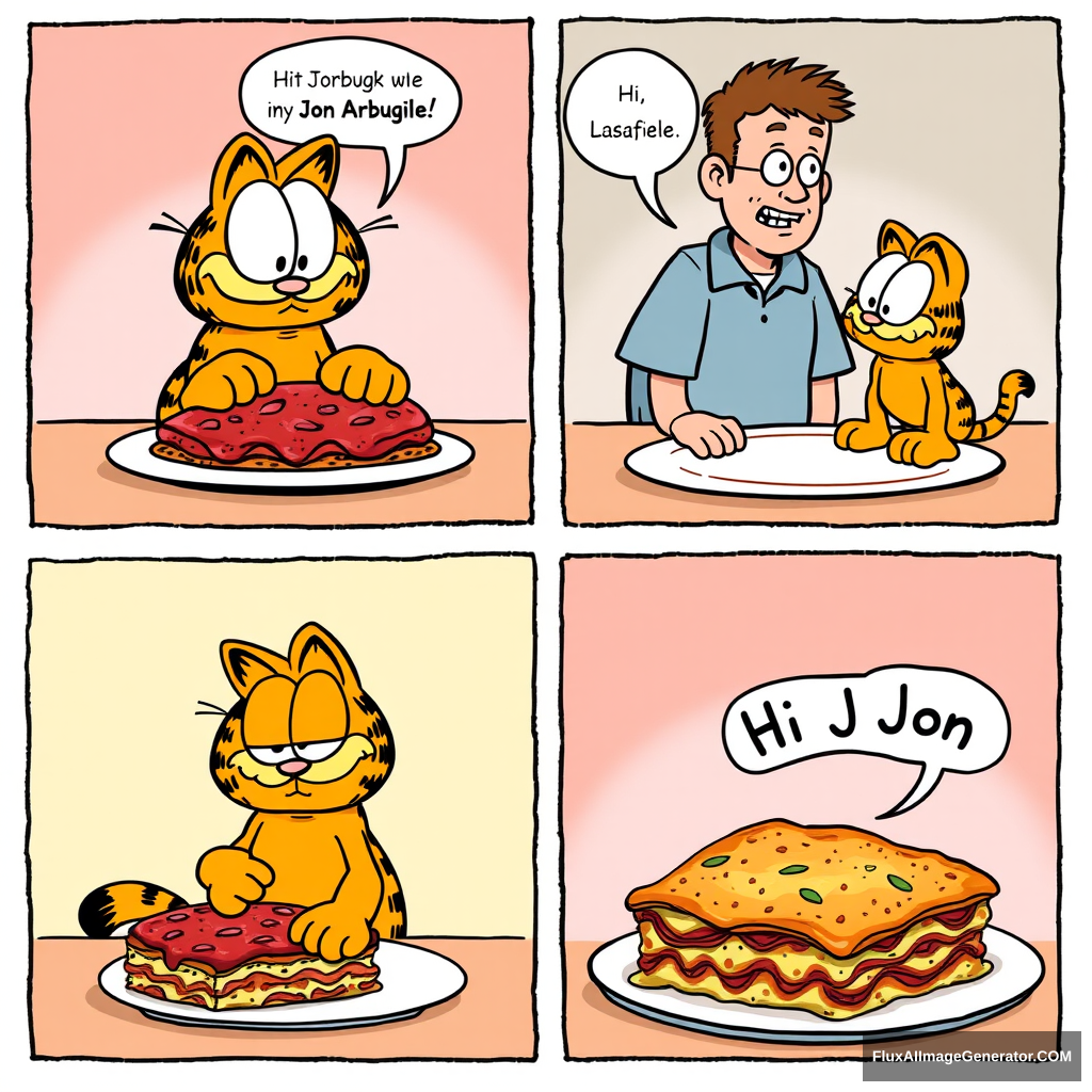 A four panel comic strip, 2x2, Garfield artwork. Panel 1 is Garfield eating a lasagna. Panel 2 is Jon Arbuckle saying "Hi Garfield". Panel 3 is Jon Arbuckle and Garfield looking at each other. Panel 4 is the lasagna with a speech bubble saying "Hi Jon". - Image