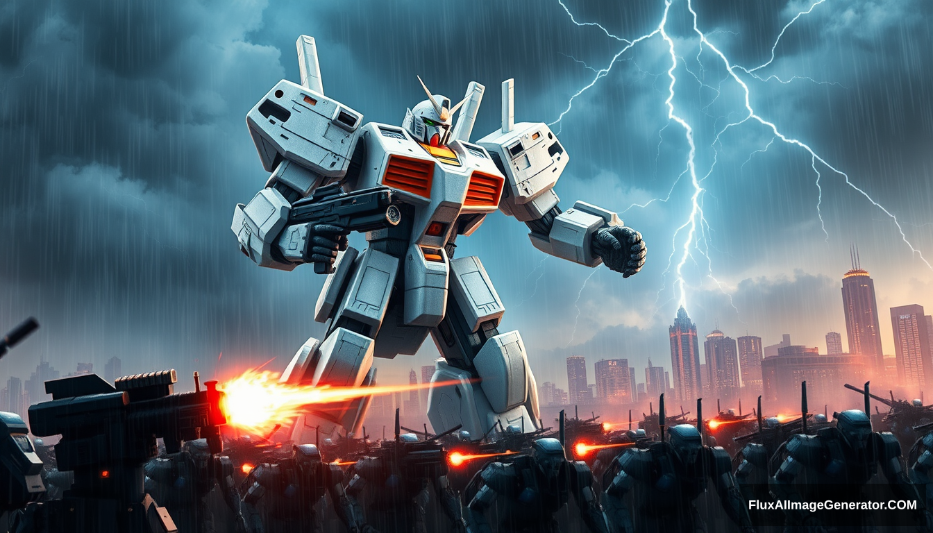 A giant, highly detailed white super robot holding a machine gun shooting an army of black robots, dark cloudy sky, lightning, city, rain, neon, apocalypse.