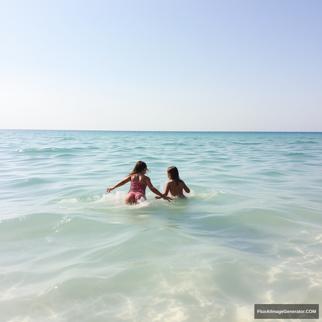 Sea water, beach, sunshine, two girls playing in the water.