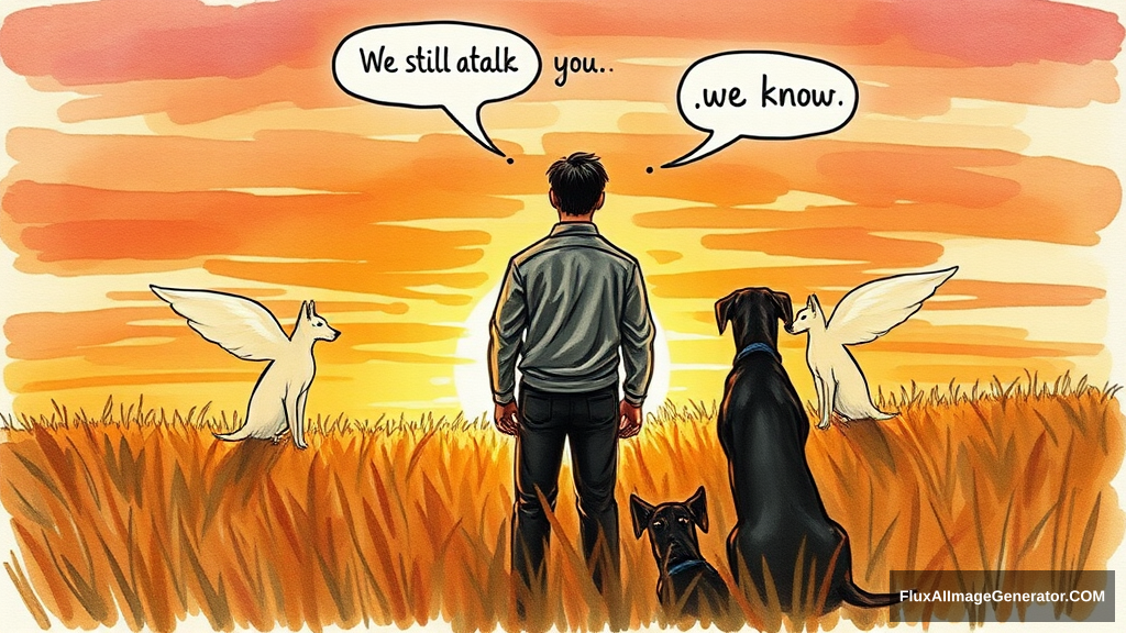 Messy hand drawn watercolor illustration: male figure in meadow at golden hour, silhouetted against vibrant sunset sky. Three ethereal, ghostly winged canines, black and tan Doberman companions, sat beside. Facing away from the viewer, speech bubbles float above: "We still talk about you" (person), "we know" (dog). Nostalgic atmosphere, brushstrokes convey wistful longing.