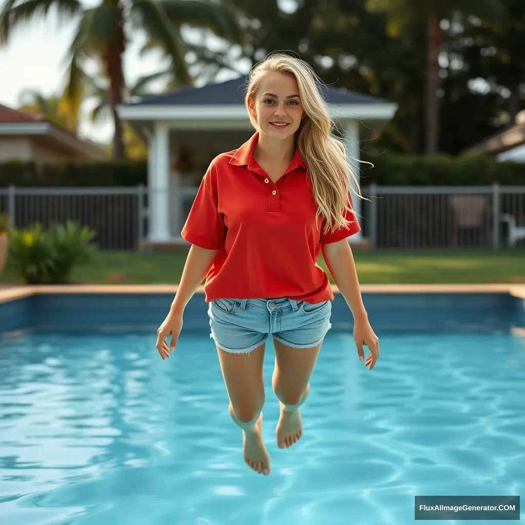 Front view of a young blonde, skinny woman with a good tan, in her early twenties, in her massive backyard. She is wearing an oversized red polo t-shirt that is slightly off balance on one shoulder, with the bottom part of her t-shirt tucked out. She is also wearing size M light blue denim shorts and is barefoot. She dives into her pool, with her legs straightened out and halfway underwater.