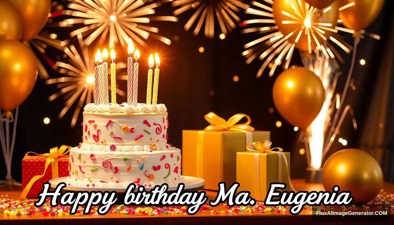 A 2 tiered birthday cake, 5 beautiful candles, gifts decorate the table, golden balloons float and fireworks accompany them in the background. A beautiful phrase reads "Happy birthday Ma. Eugenia".