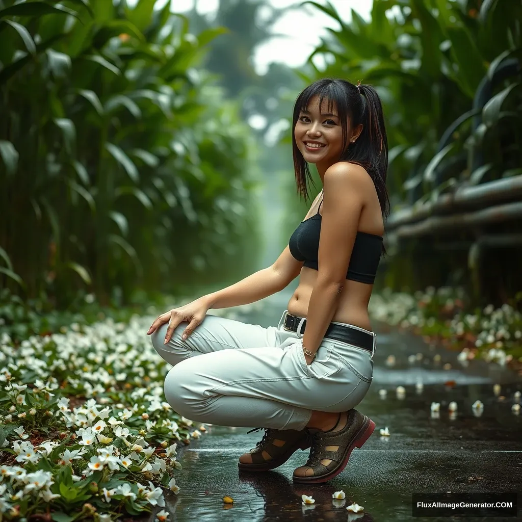 A cyberpunk woman squatting in the distance, whimsical smile, huge green jungle, scattered white flowers, close-up, exposed abdomen, professional shoot, real life, immense sense of scale, telephoto zoom perspective, servo, pipes, reflective wet pavement, fashion photography, fluctuating depth of field, zoom blur.