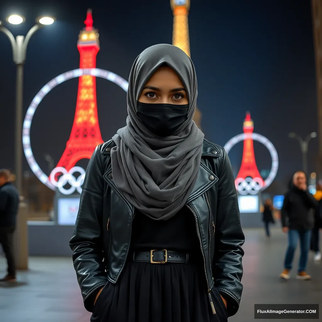 A biggest grey hijab Muslim girl, beautiful eyes, face mask black, black leather jacket, biggest longest skirt, standing near Eiffel Tower themed Olympic logos, night scenery, hyper realistic, street photography.