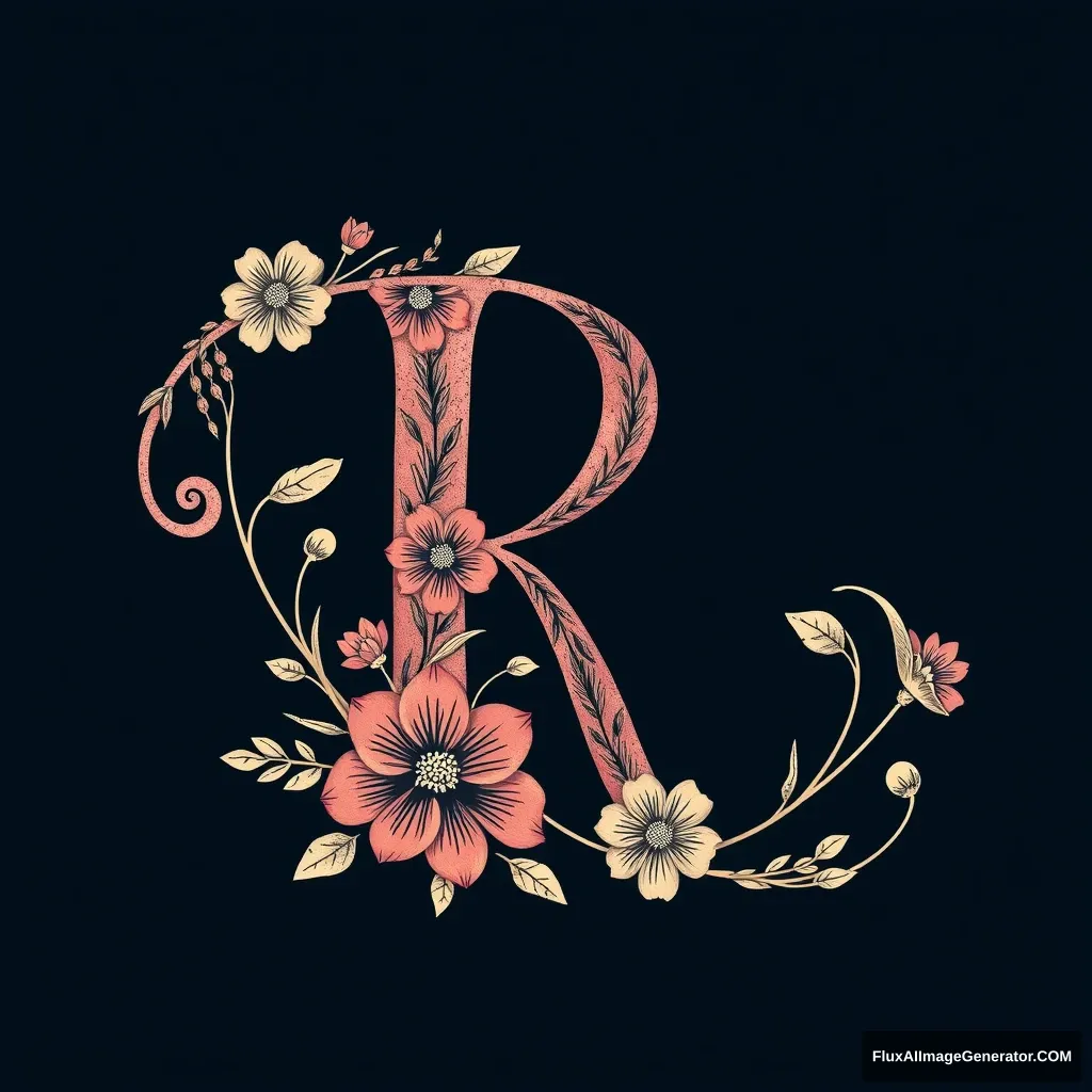 Write the letter R in a graphic style with flowers. - Image